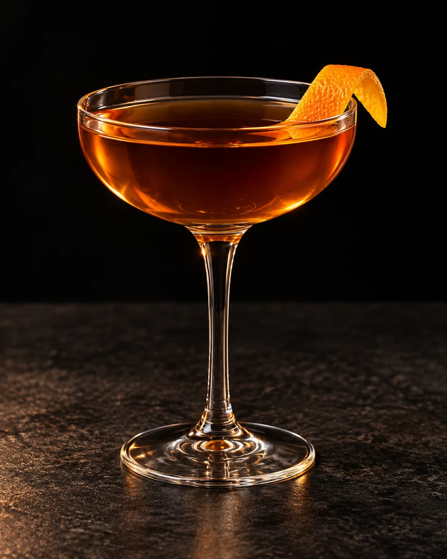 The Charleston in a coupe, served without ice, garnished with orange peel, against a black background.