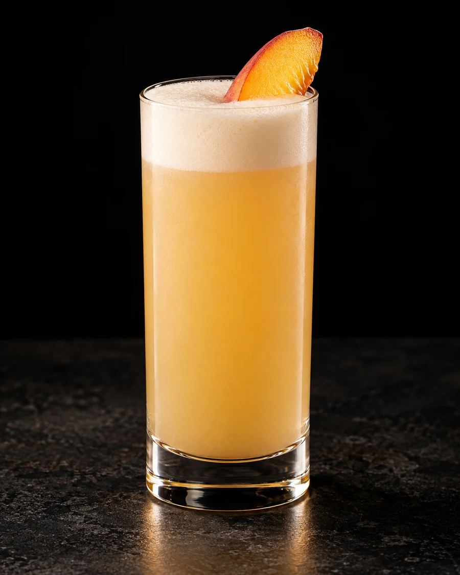 The Delicious Sour in a Collins glass, served without ice, garnished with fresh peach slice, against a black background.