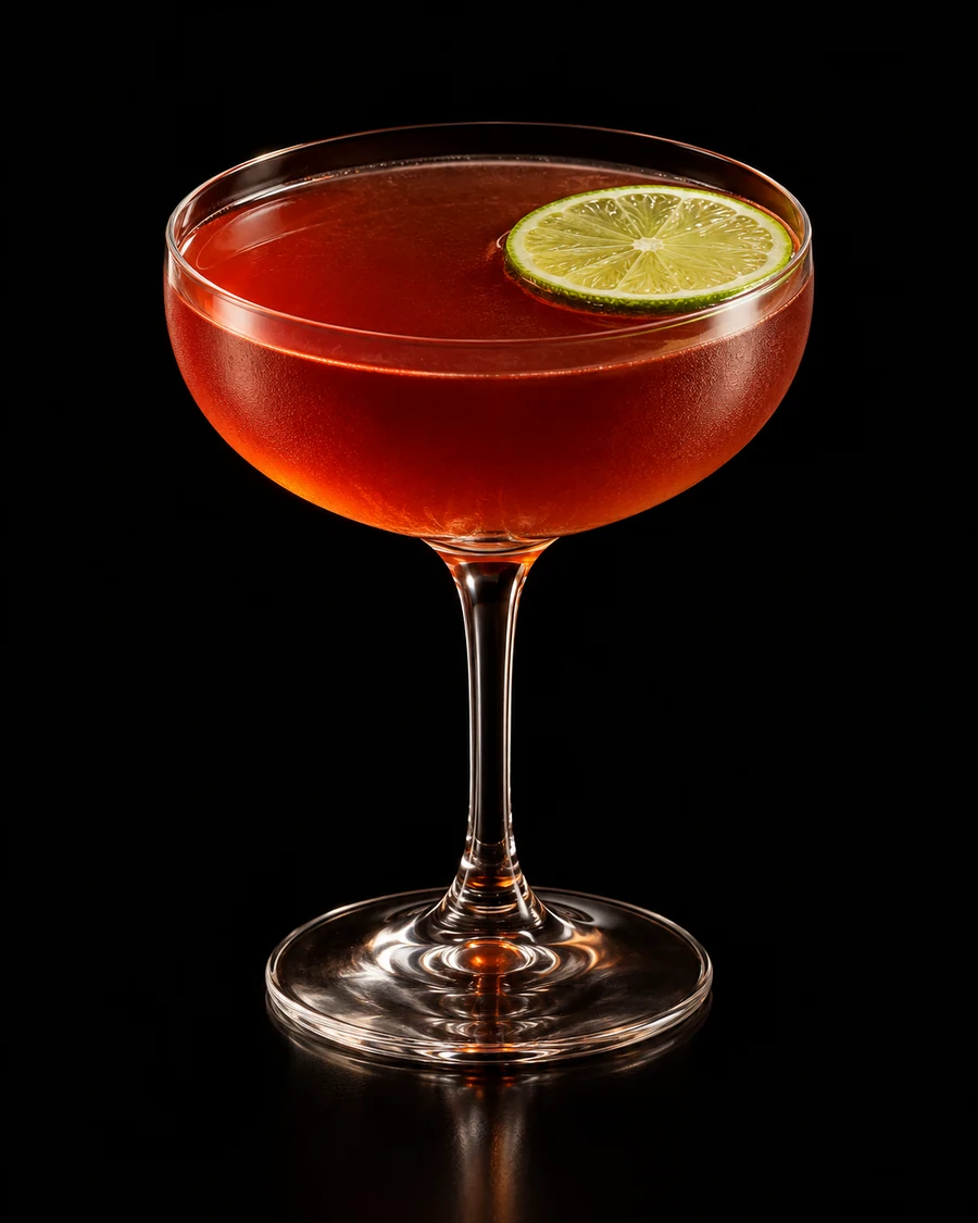 The Devil Walking Next To Me: Deep red-amber cocktail in a coupe with a floating lime wheel, served without ice against a black background.