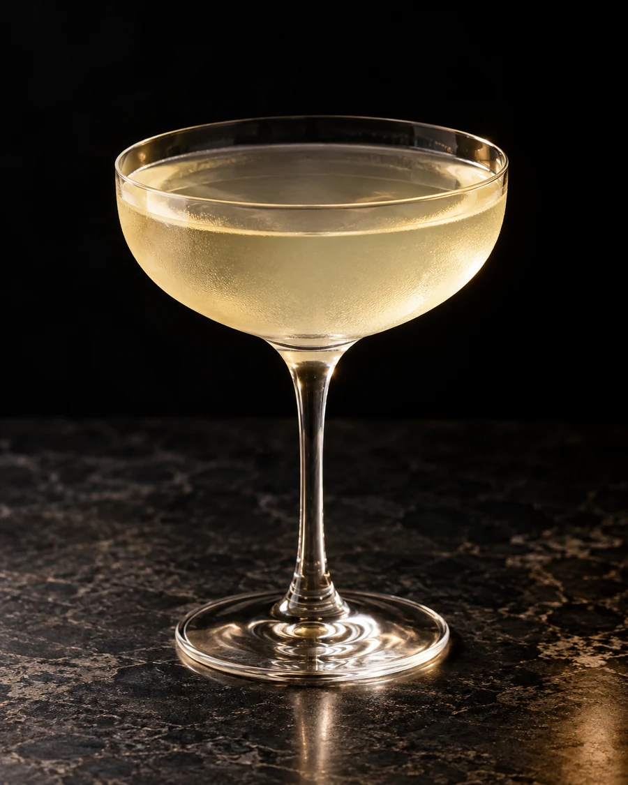 The Diamond Queen: Pale straw-colored cocktail in a stemmed coupe, served without ice or garnish.