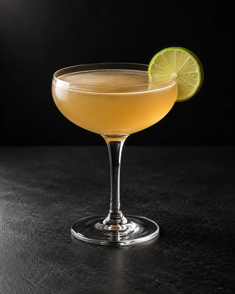 Pale golden-brown Doctor cocktail in a small coupe with lime wheel, no ice.