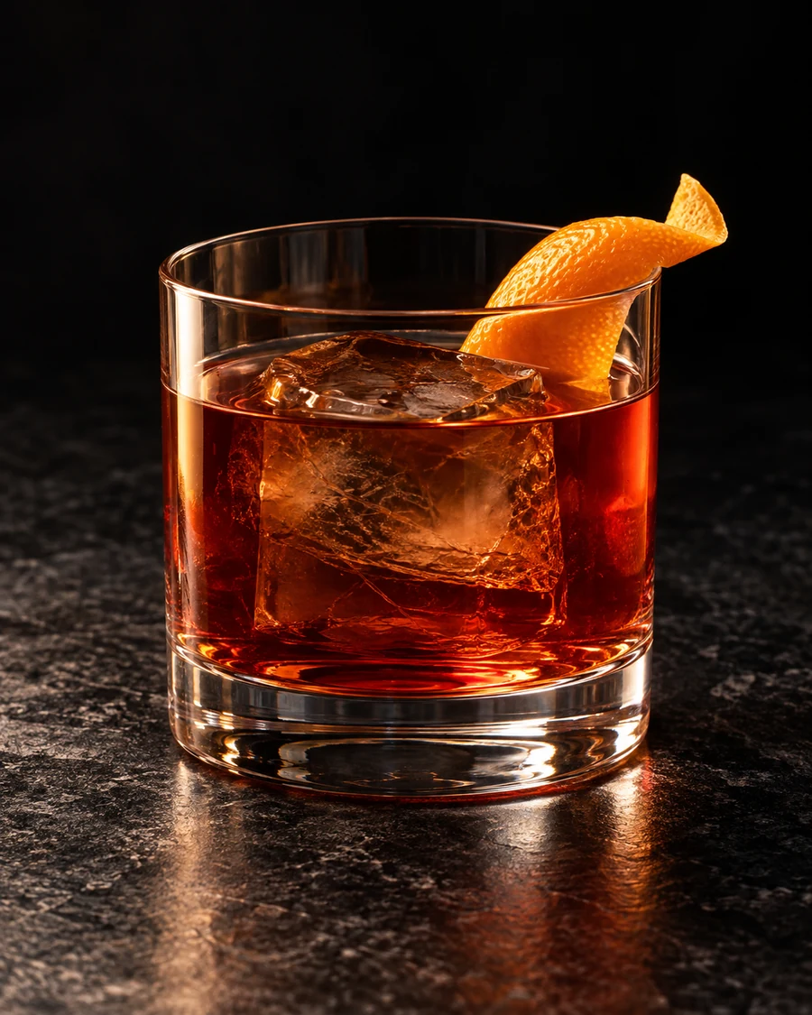 The Elephant In The Room: Deep amber-red cocktail in a rocks glass over one large ice cube with an orange twist.