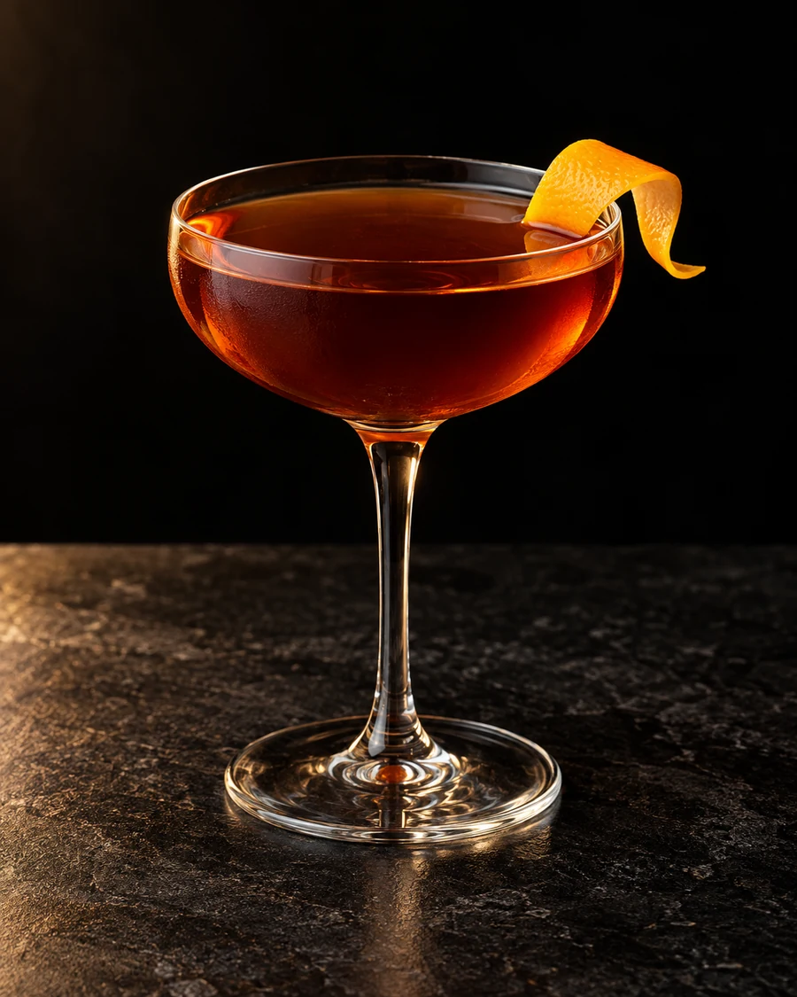 The Elves And Their Antics: Red brown drink in coupe, orange twist and no ice.