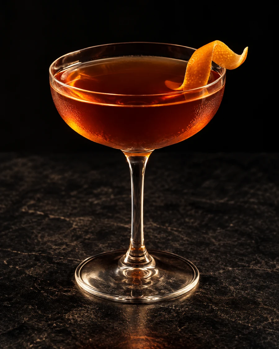 The Goblins Turned To Stone: Clear amber drink in a coupe, orange twist and no serving ice.