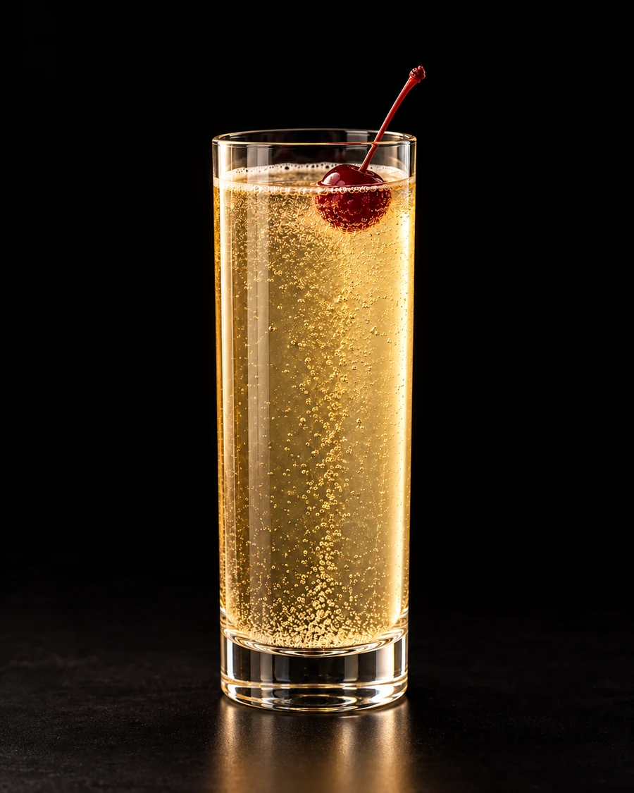 The Great Heist in a collins, serve without ice, with Cherry, against a black background.