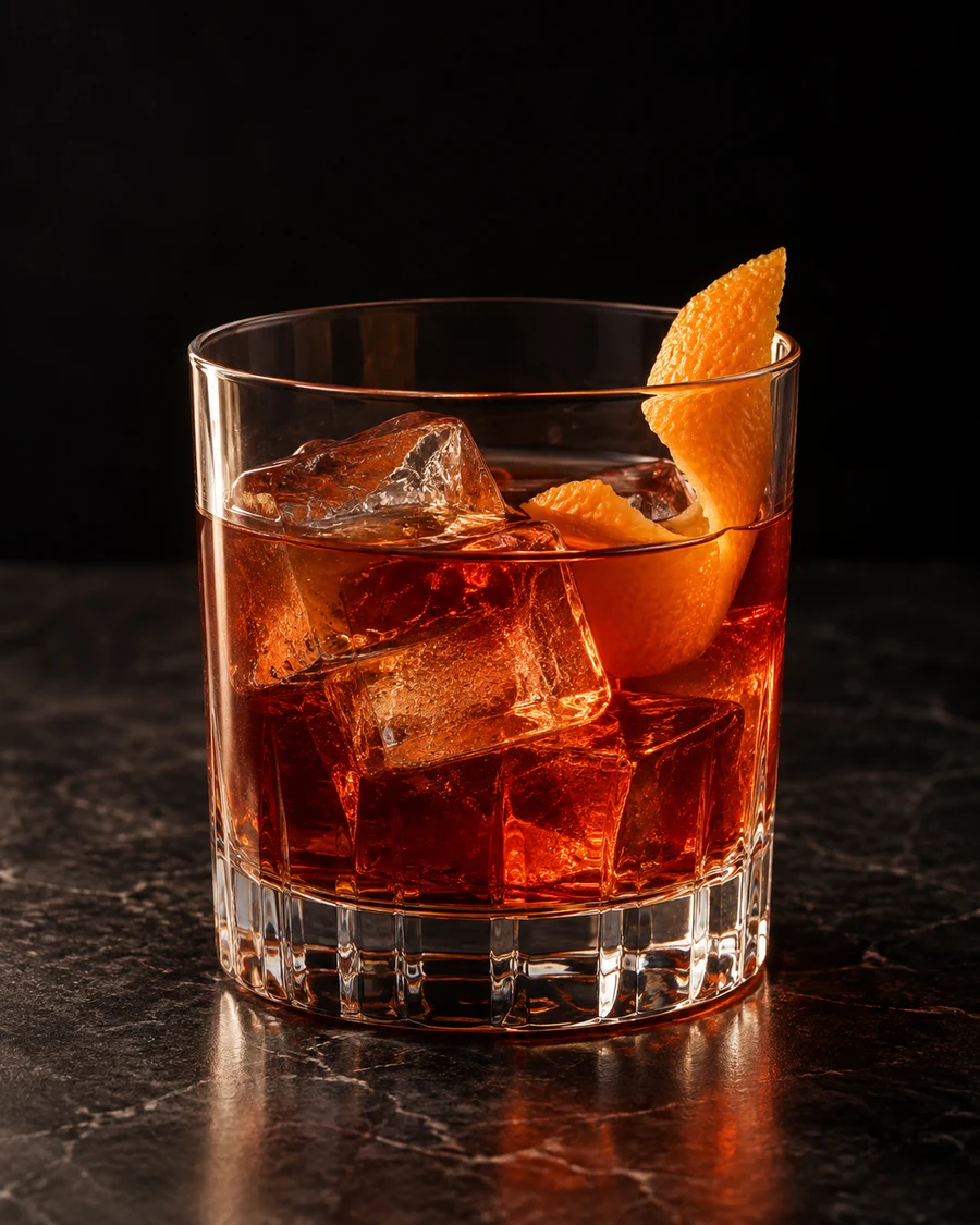 The Hearing Trumpet: copper-red cocktail in a straight-sided rocks glass with several clear ice cubes and an orange twist.