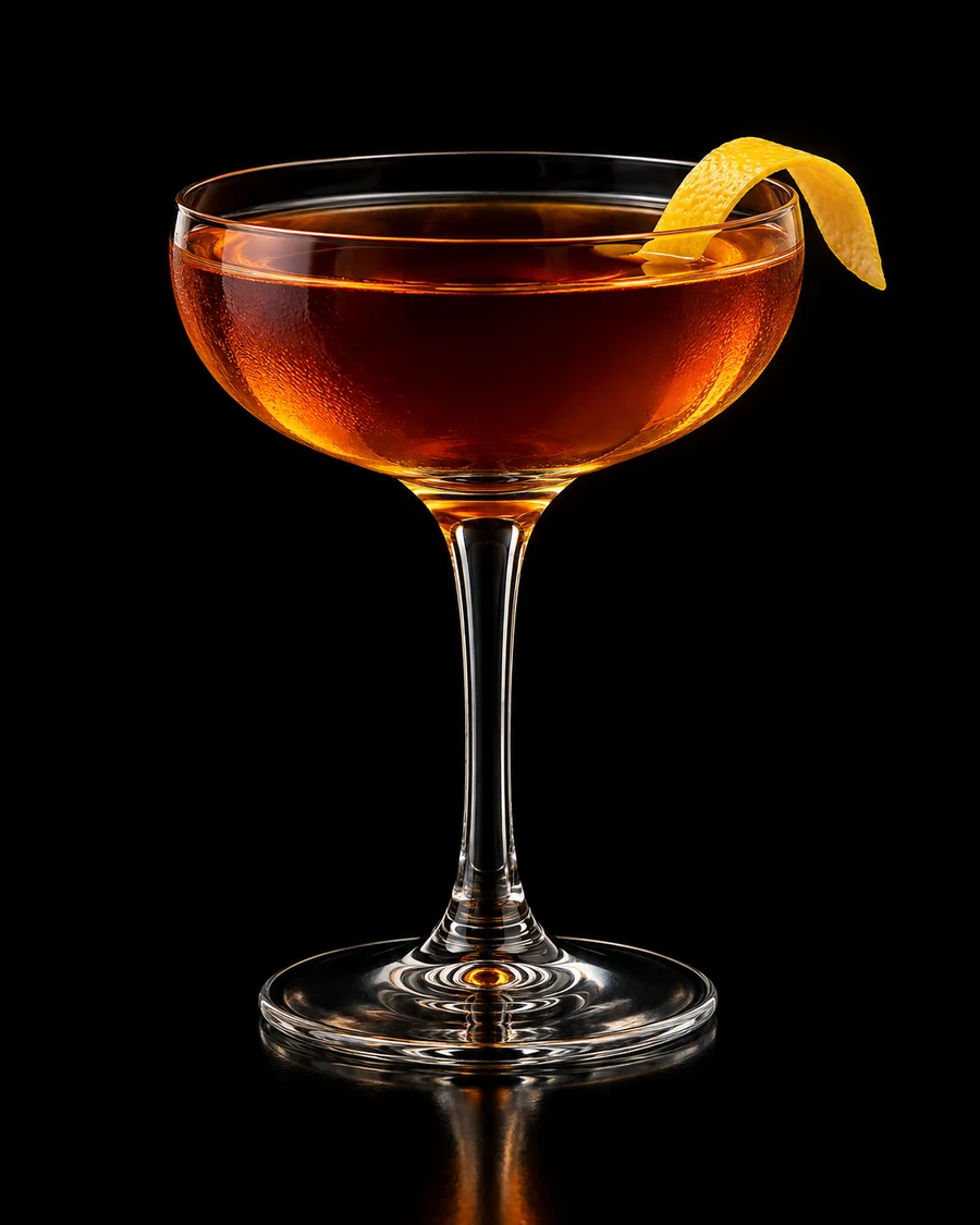 The Idle Class: Clear deep amber cocktail in a coupe with a lemon twist, served without ice against a black background.