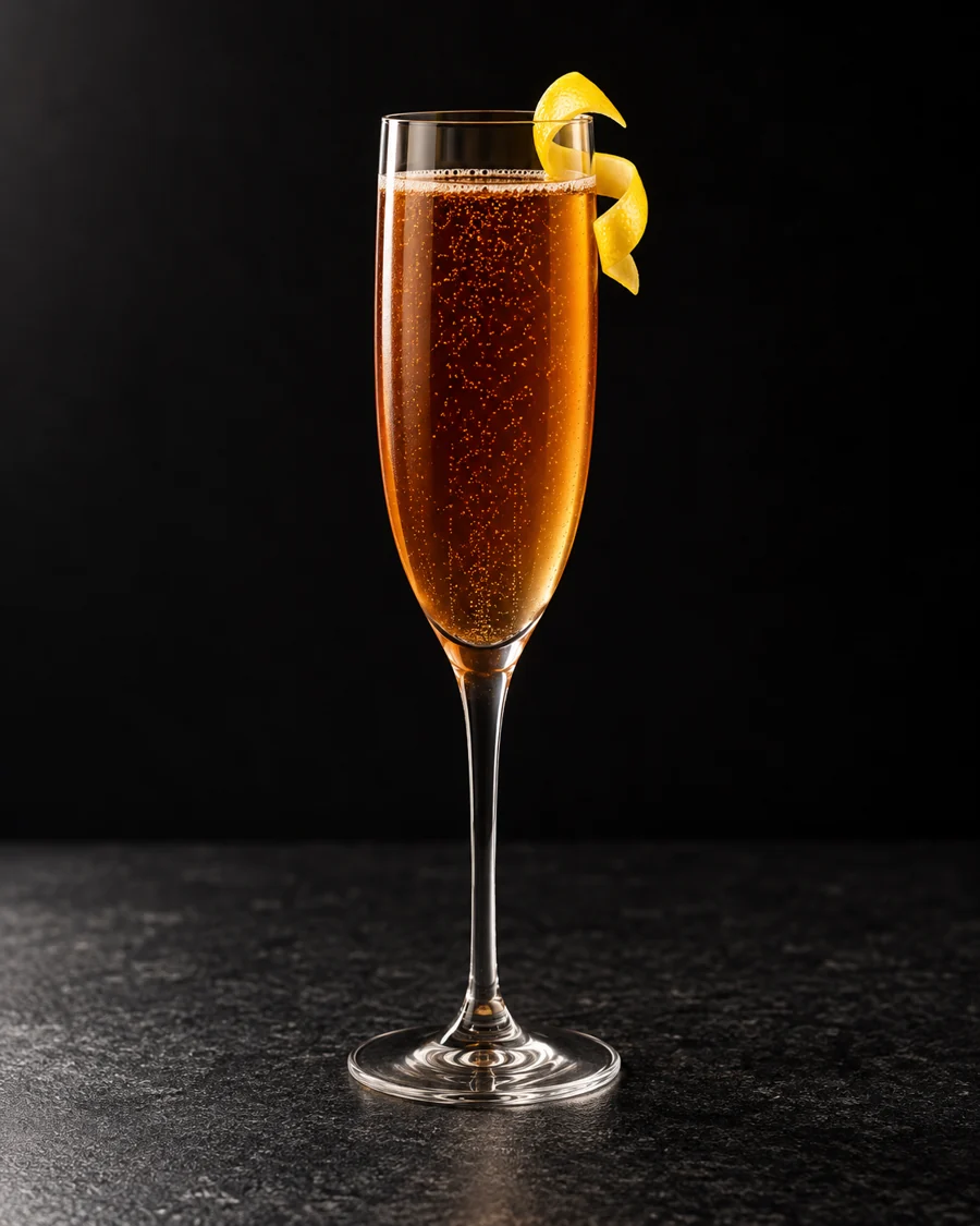 Amber-brown Inception cocktail with fine bubbles in a flute, lemon twist and no ice.