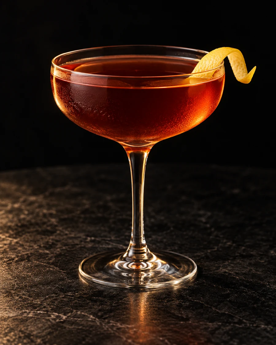 The Kid With The Replaceable Head: Clear reddish-amber cocktail in a chilled coupe without ice, garnished with a lemon twist.