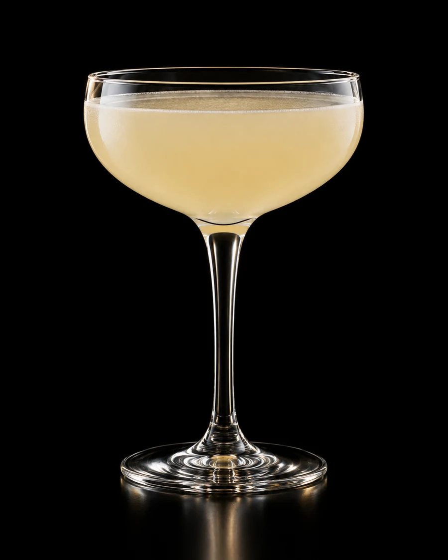 The King's Mistress: Pale cloudy straw-colored cocktail in a coupe, served without ice or garnish against a black background.