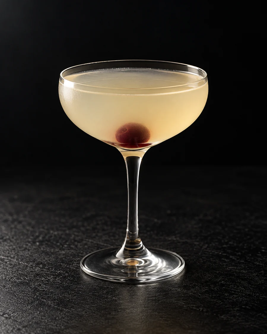 Pale straw, lightly cloudy Last Crane in a coupe with one cherry, no ice.