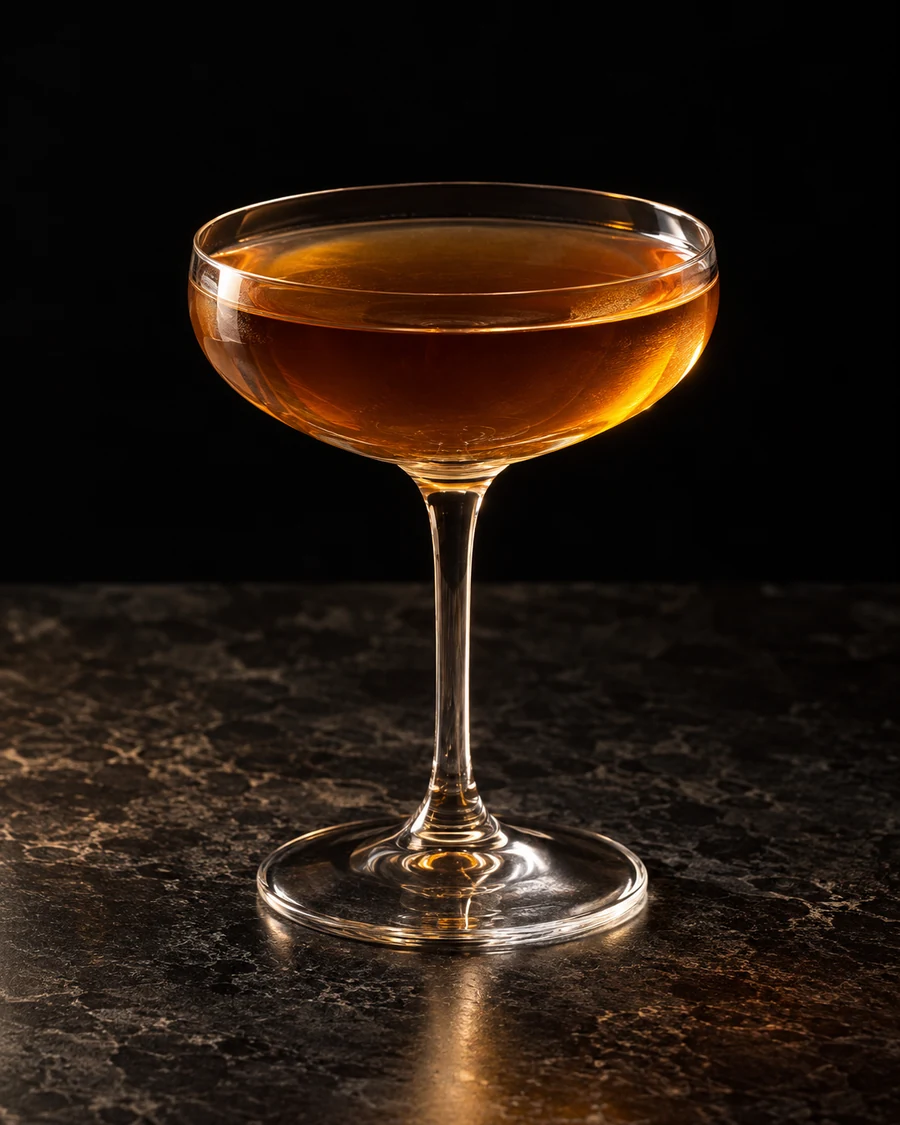 The Legend Of Dungeon Rock: Golden amber drink in a coupe, no serving ice and no garnish.