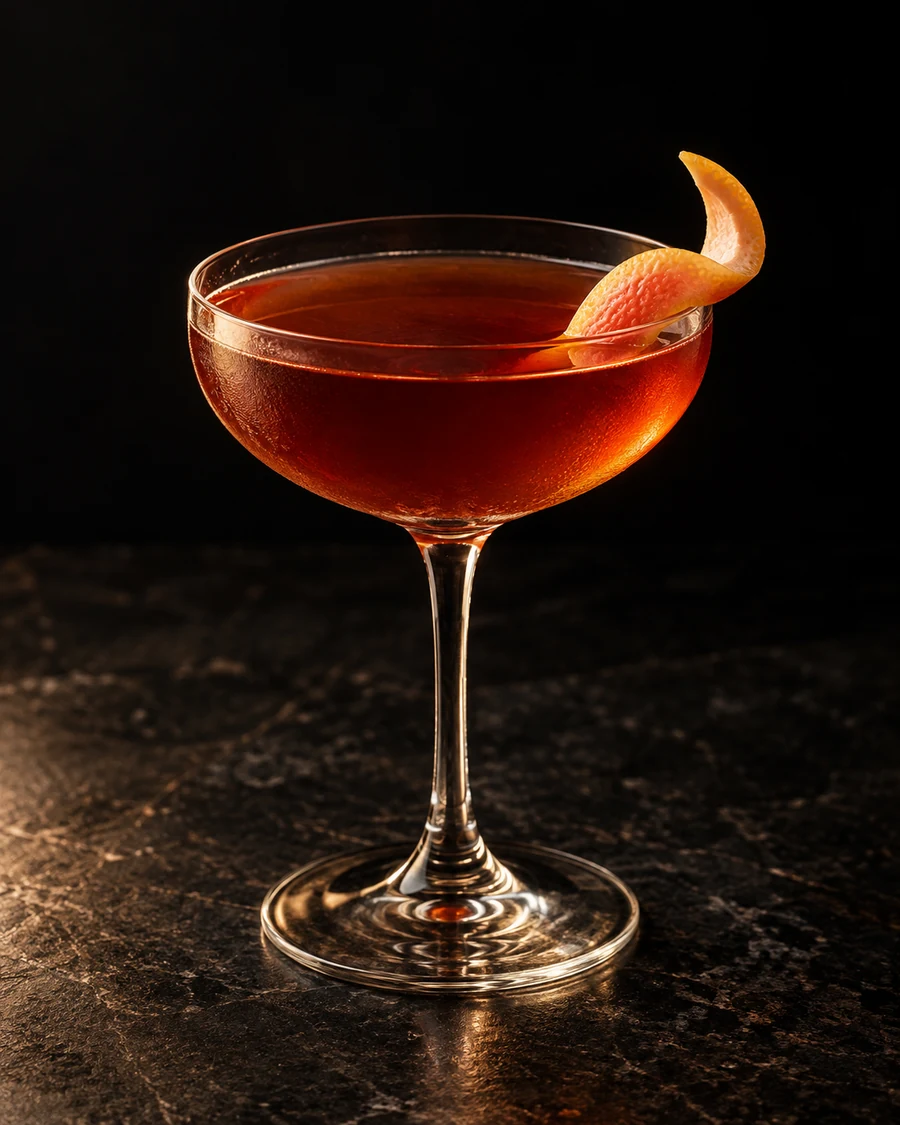 The Legend Of The Five Suns: Clear red-amber cocktail in a chilled coupe without ice, with a grapefruit twist.