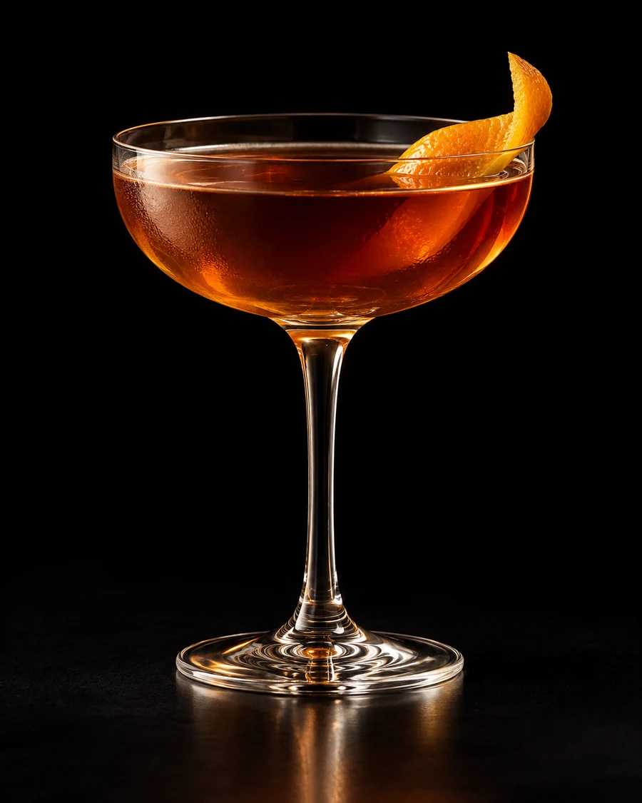 The Libertine in a coupe, serve without ice, with orange peel, against a black background.