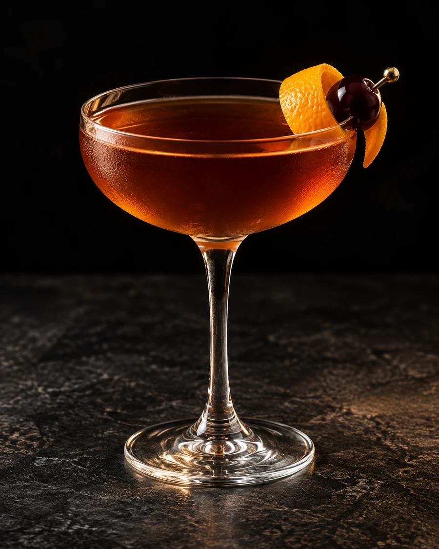 The Listening Room: Brown drink in coupe, orange twist and cherry flag, no ice.