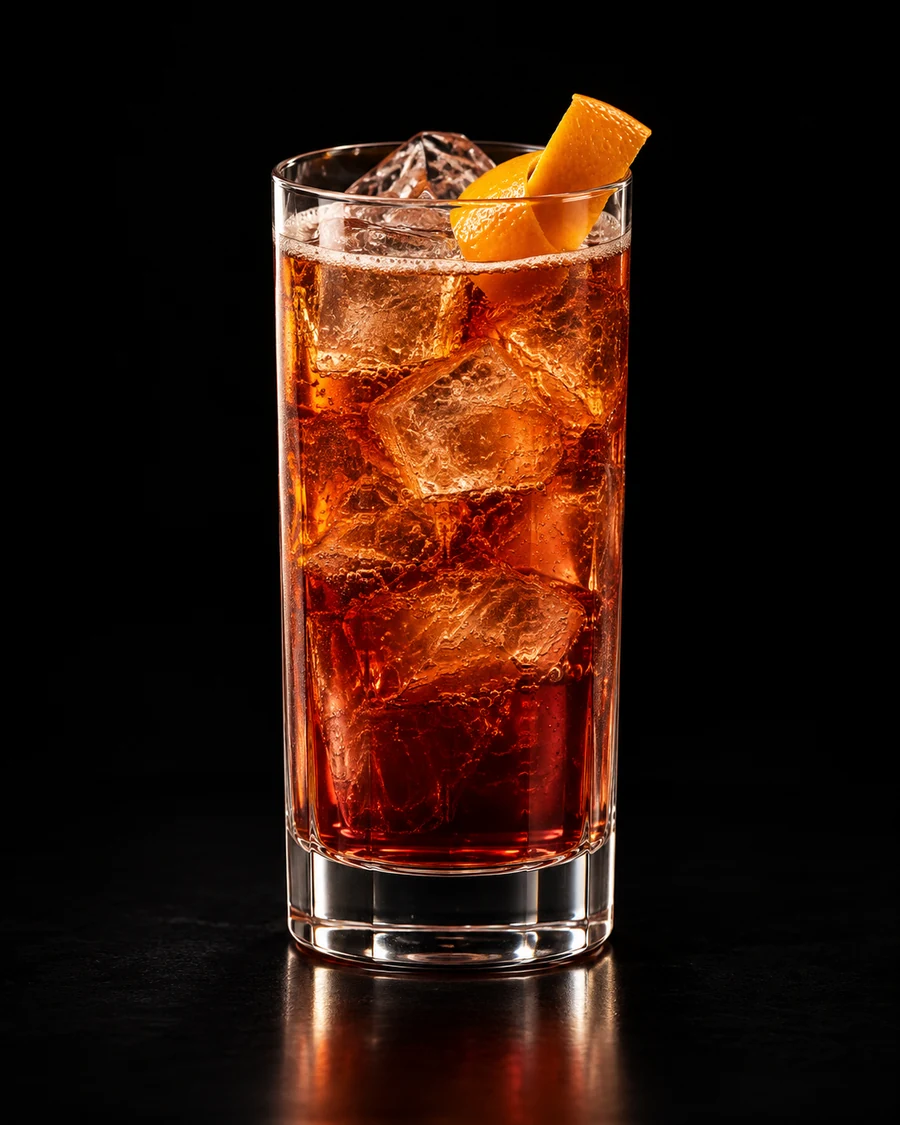 The Long Hello in a highball, fresh cubed ice for service, with orange peel, against a black background.