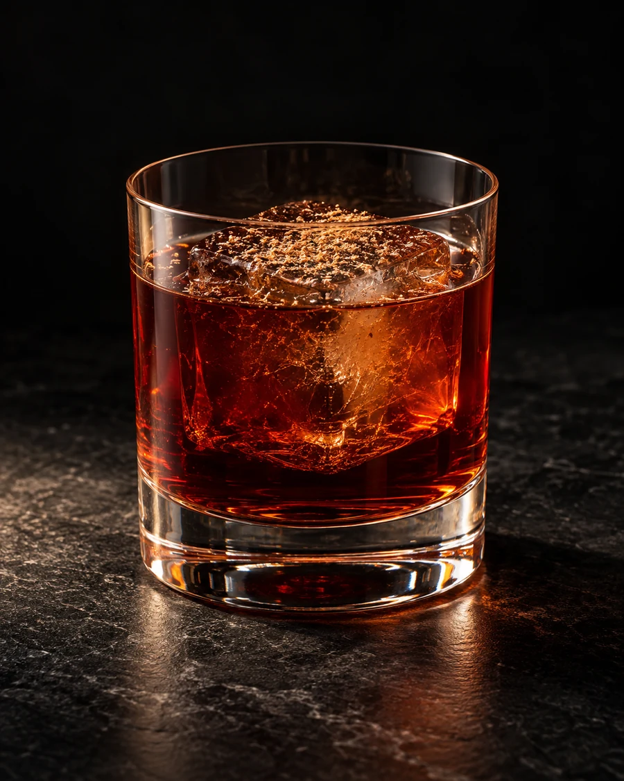 The Man Who Was Marked For Death in a rocks glass, over one large ice cube, with freshly grated nutmeg, against a black background.