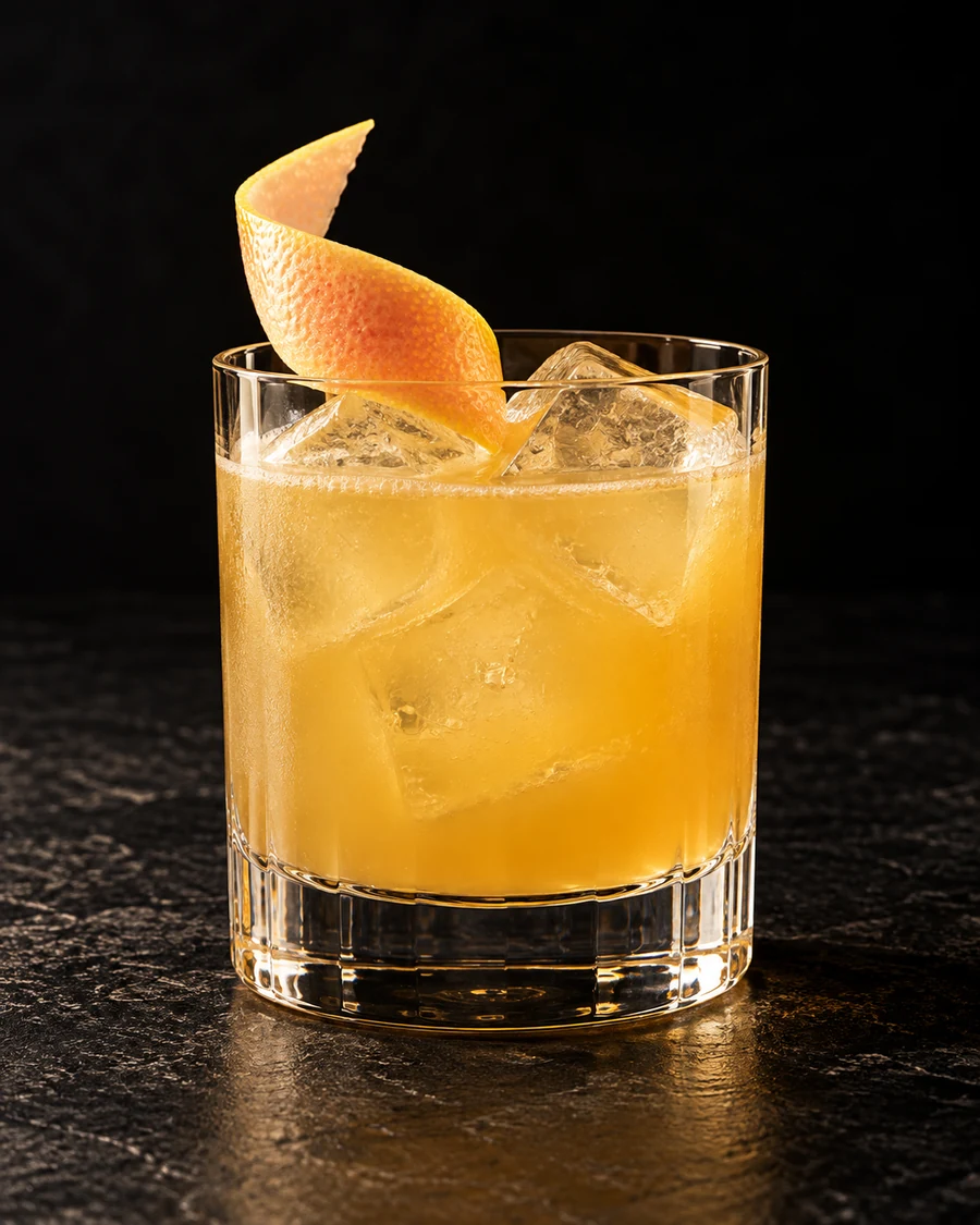 The Missing in a rocks glass, over fresh ice cubes, with grapefruit twist, against a black background.