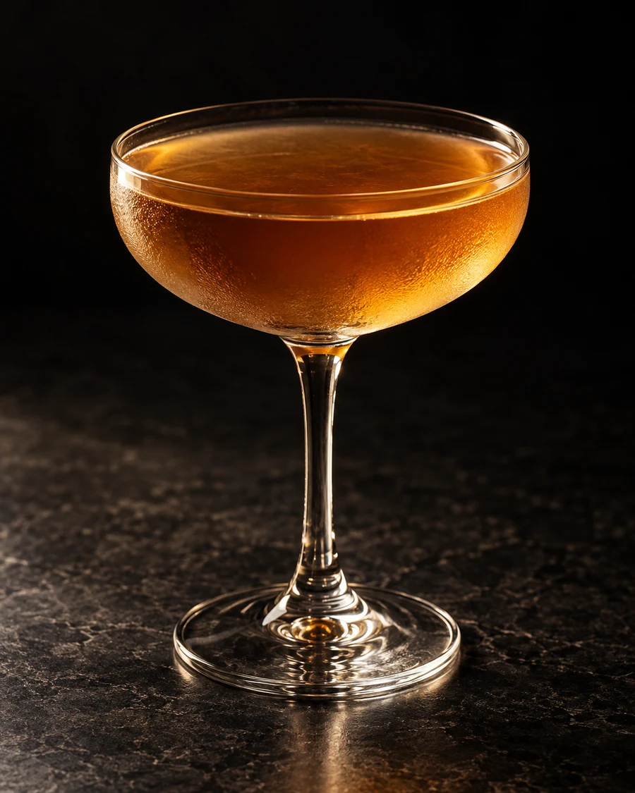 The Phrasemaker: Amber-brown drink in coupe, no garnish or ice.