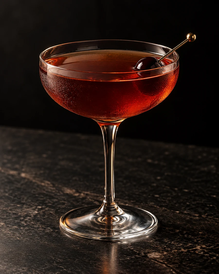 The Pinball Racket: deep reddish-brown cocktail in a chilled stemmed coupe, served without ice with a dark cherry on a slim pick.