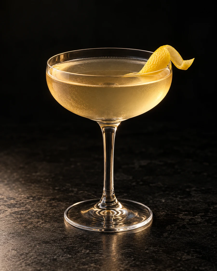 The Preston-Baker: Pale gold cocktail in a stemmed coupe with a lemon twist, served without ice.