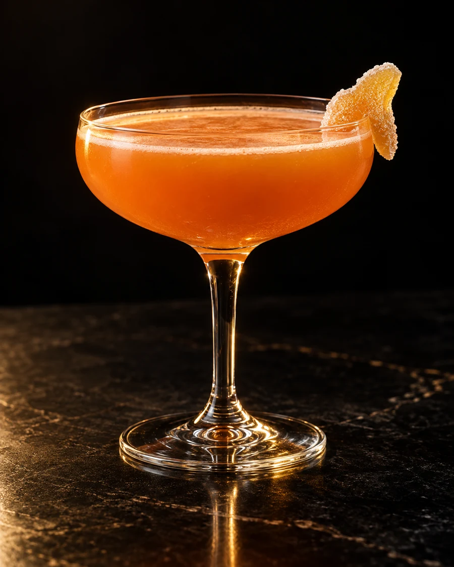 The Thumper. Coupe without serving ice, opaque orange carrot-ginger body, light natural froth and prepared candied ginger.