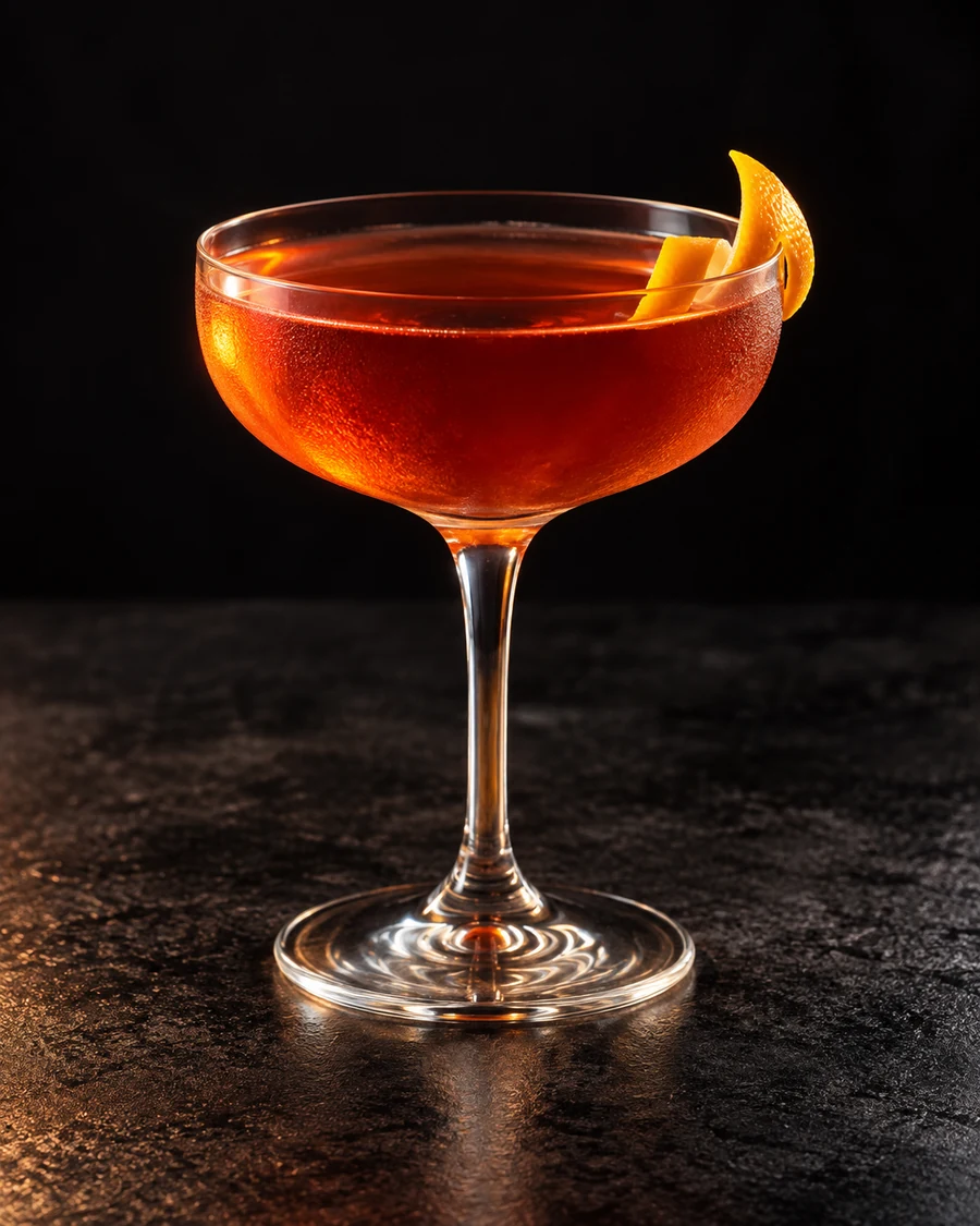 The Ticket That Exploded: Clear orange-red cocktail in a chilled coupe without ice, with an orange twist.
