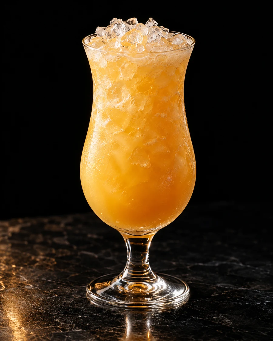 The Vacation. Hurricane glass, golden mango-pineapple body with crushed ice and no garnish.