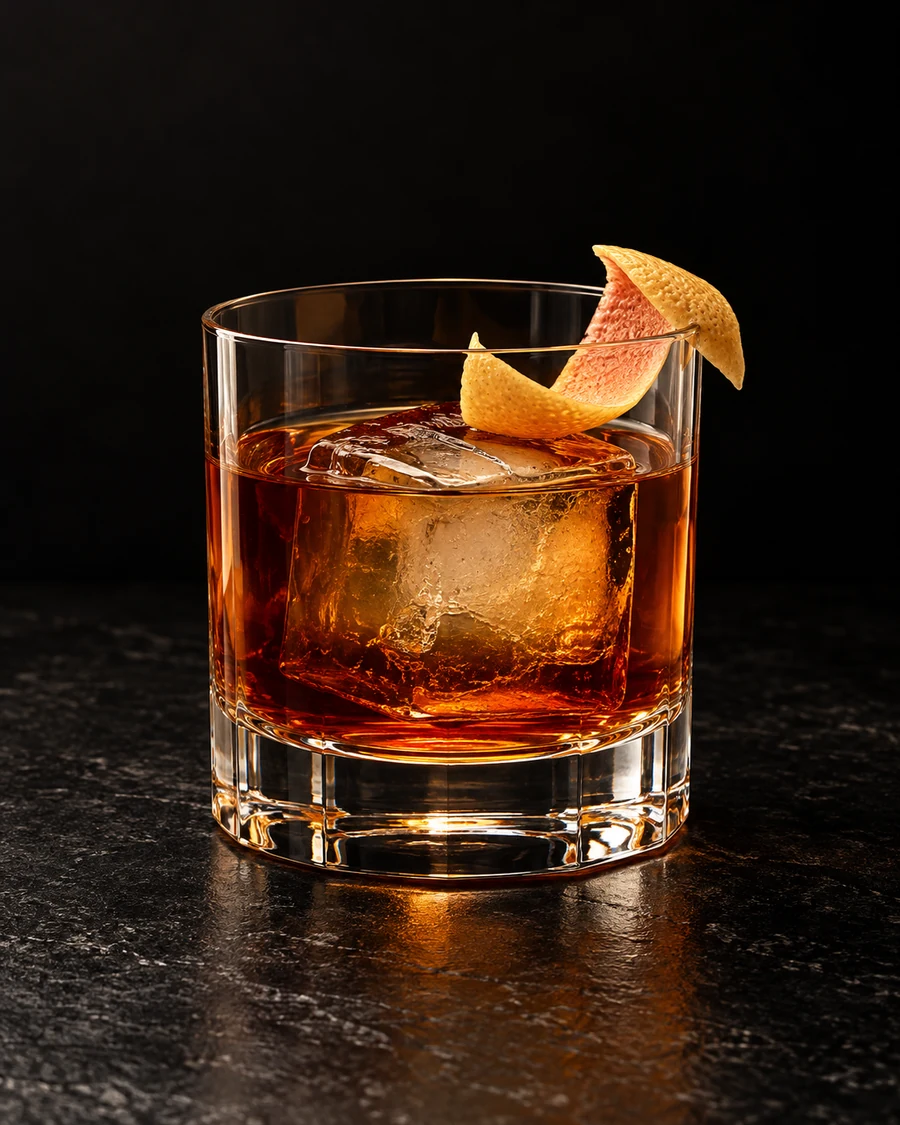 This Is Not Berlin in a rocks glass, over one large ice cube, with grapefruit twist, against a black background.