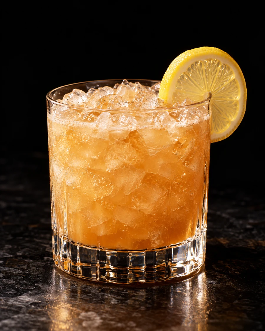 Three Amigos. Rocks glass with a cloudy golden rum-brandy-sherry drink, crushed ice and a lemon wheel.