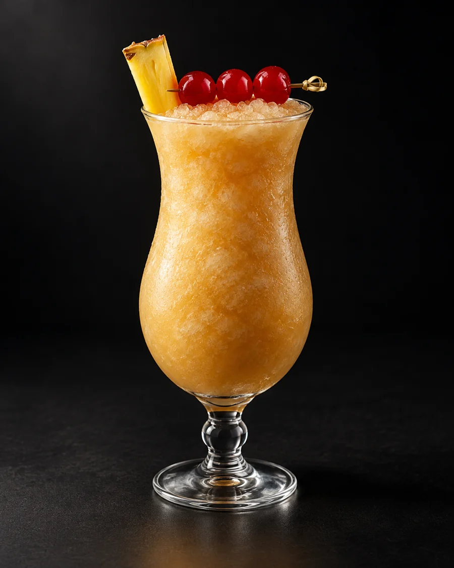 three Dots and a Dash served in a hurricane glass with three cherries and a rectangular pineapple piece
