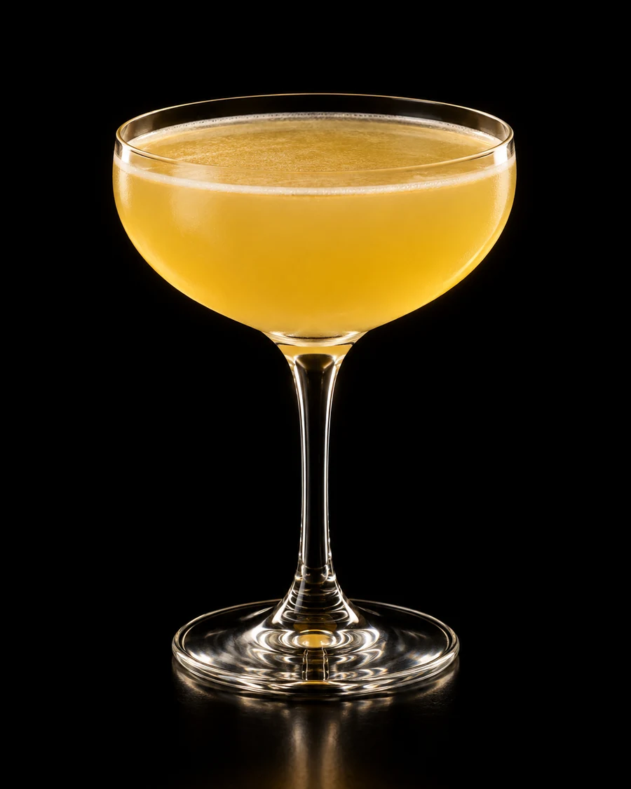 Three Girl Rhumba: Cloudy golden-yellow cocktail in a clear coupe, served without ice or garnish against a black background.