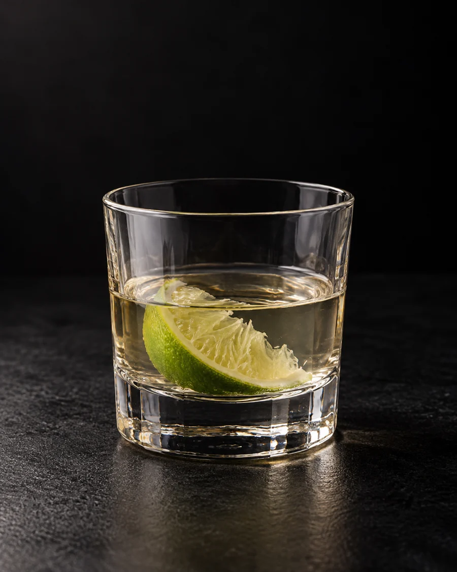 Clear pale straw Ti’ Punch in a small rocks glass, squeezed lime wedge inside and no ice.