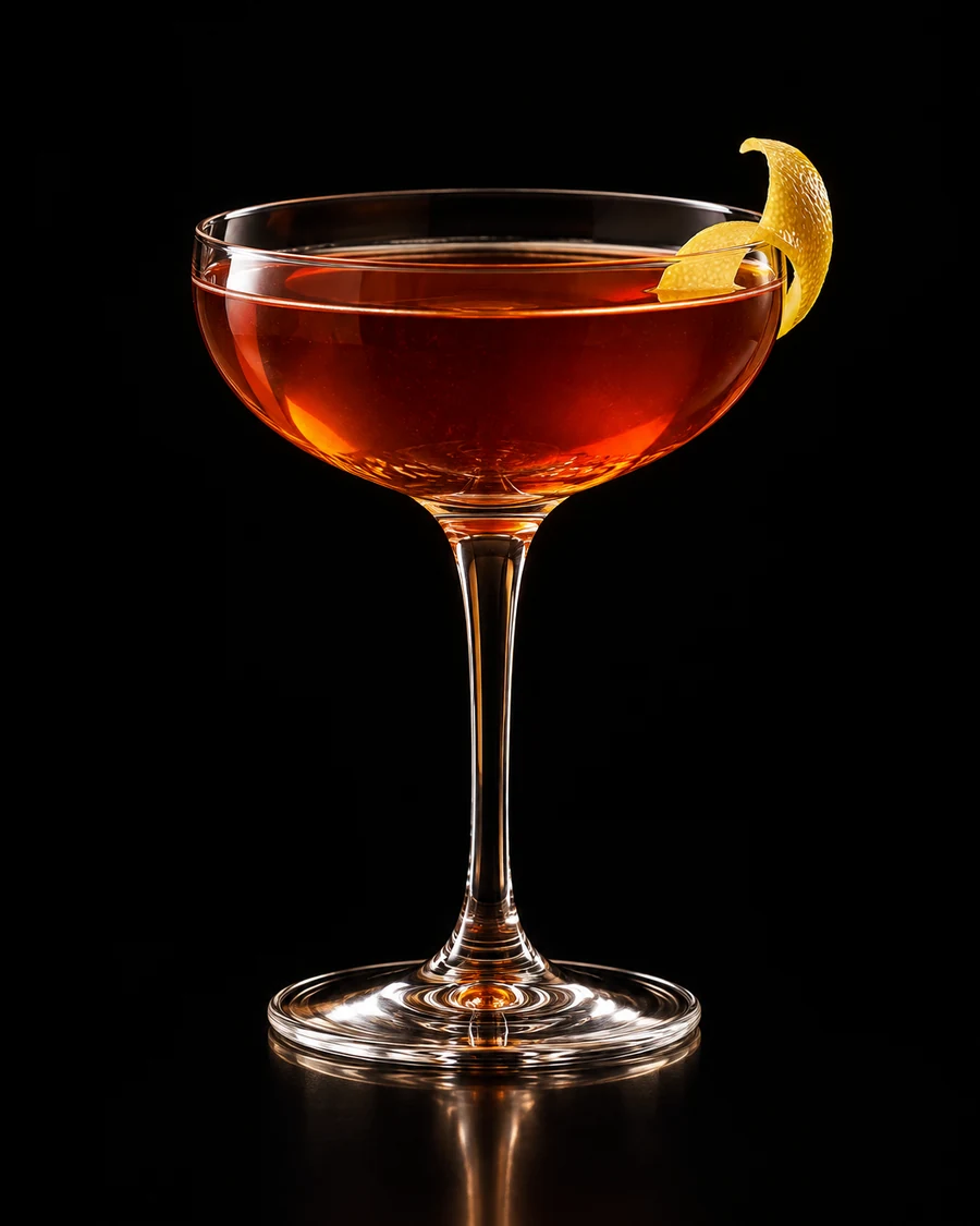 Tin Can Telephone: Clear reddish-amber cocktail in a coupe with a lemon twist, served without ice against a black background.
