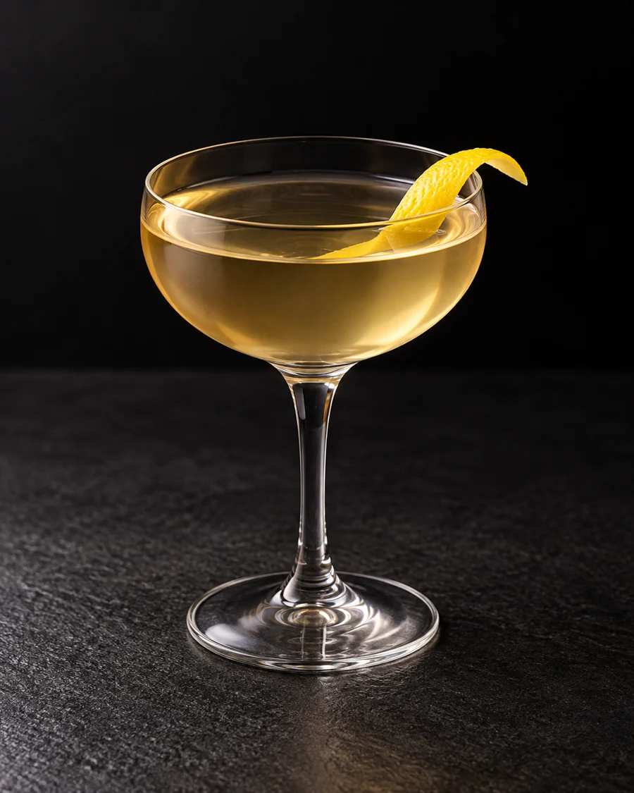 clear pale golden Tip Top in a small coupe with lemon twist, no ice.