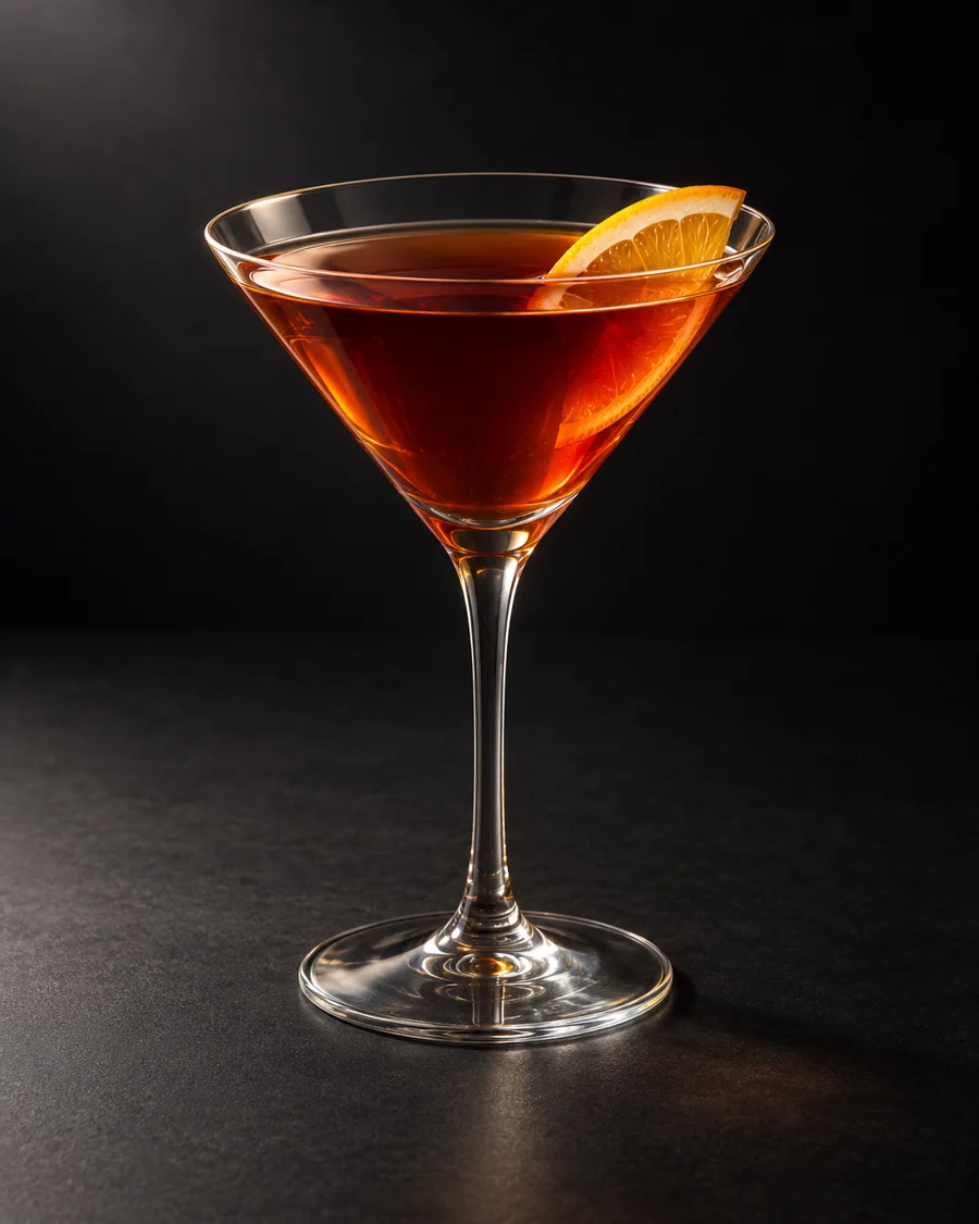 tipperary served in a martini glass with a thin orange slice