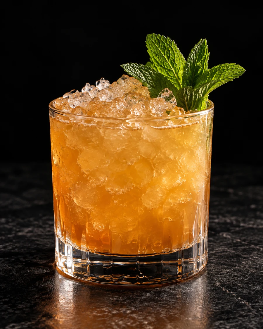 To The Moon Alice: Golden-orange cocktail in a rocks glass filled with crushed ice and a fresh mint sprig.