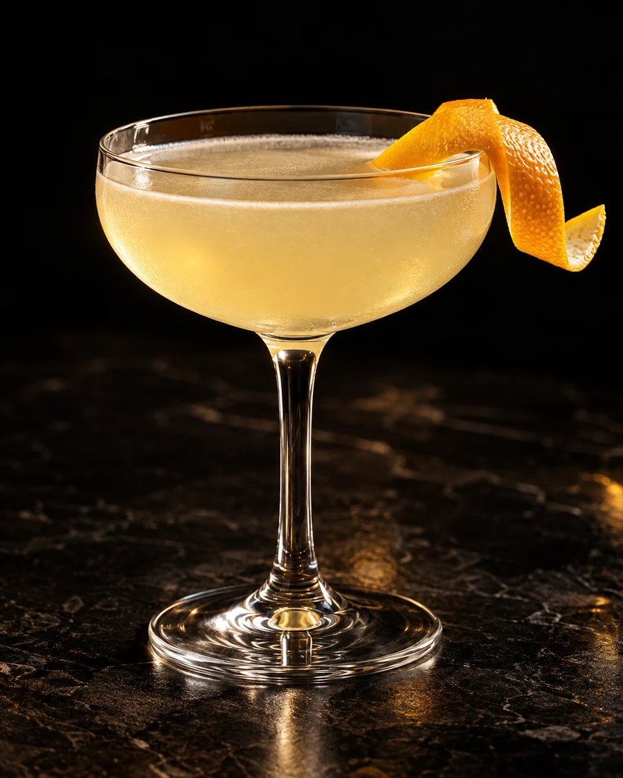 Tokyo Dry. Coupe without serving ice, pale golden yuzu/gin body and orange peel ribbon.