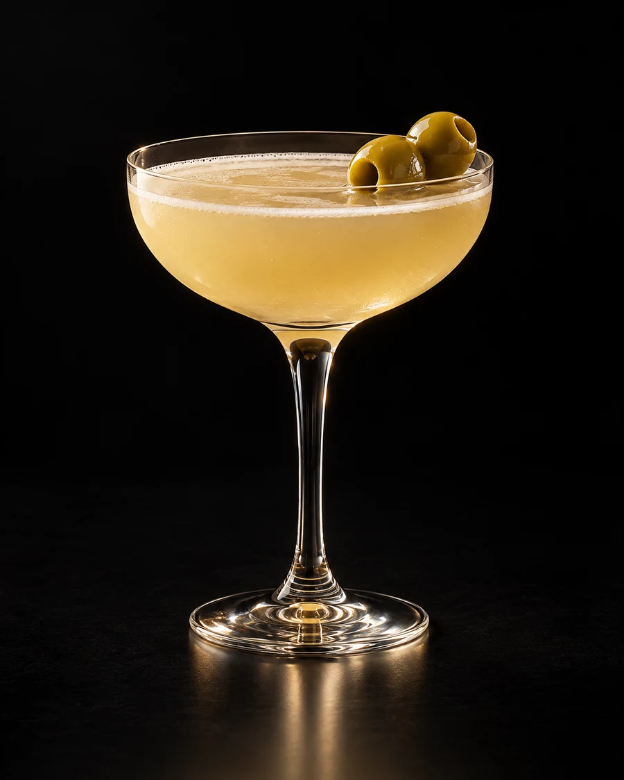 Tom and Jerez in a coupe, serve without ice, with Two pitted cocktail olives, against a black background.
