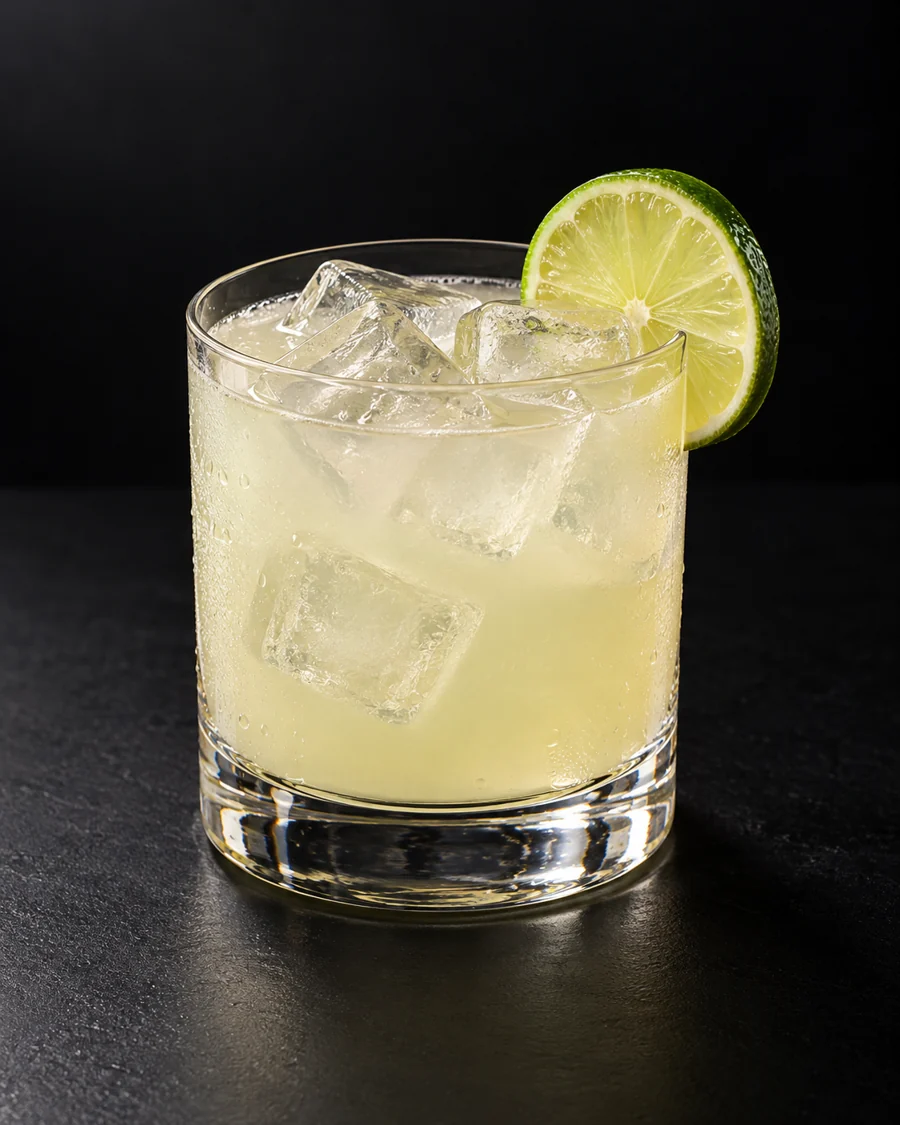 Tommy's Margarita served in a rocks glass with a lime slice against a black background.