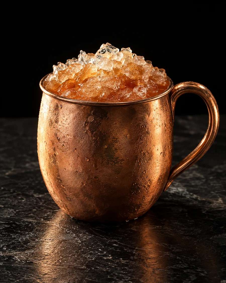Torino Zombie: Copper mug packed with crushed ice over an amber cocktail, without garnish.