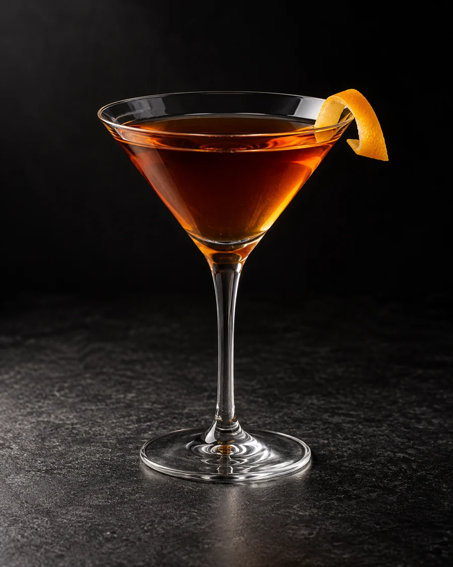 Clear dark amber cocktail in a martini glass, no ice, twisted orange peel.
