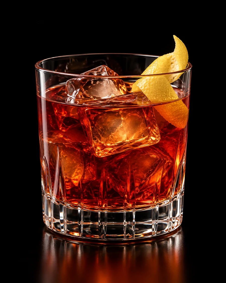 Town Crier: Rich amber-red cocktail over clear ice cubes in a rocks glass with a lemon twist against a black background.