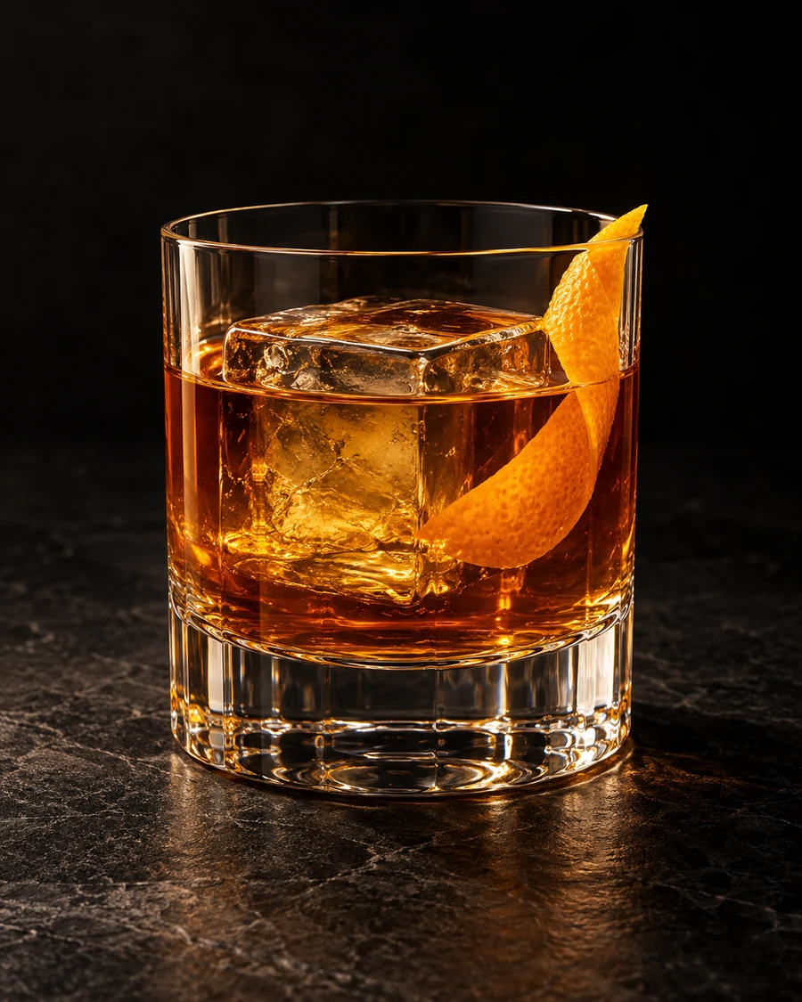 Trash & Vaudeville in a rocks glass, over one large ice cube, with orange twist, against a black background.