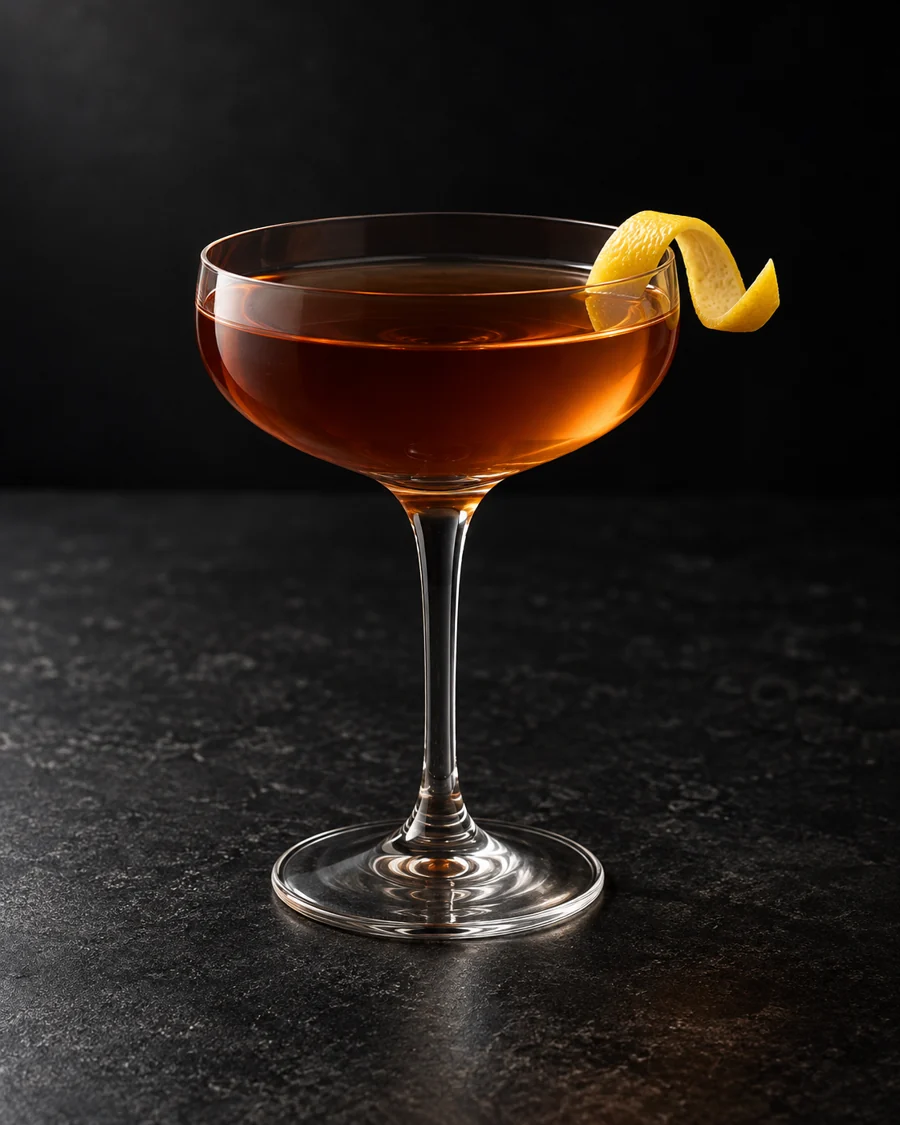 clear dark amber Trident in a coupe with lemon twist and no ice.