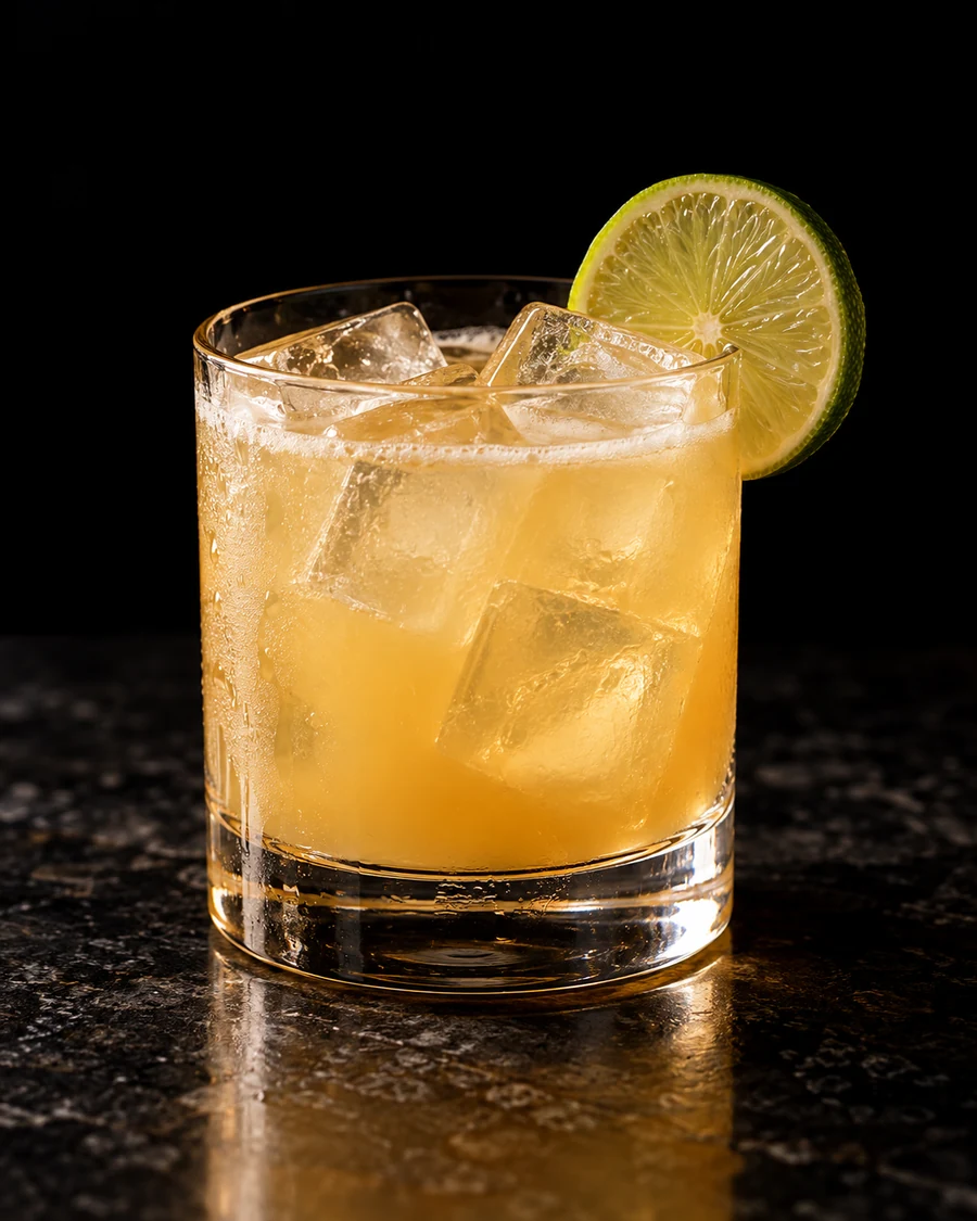 Tropic Smoke. Rocks glass, fresh cubed ice, slightly cloudy light gold coconut/pineapple drink and lime wheel.