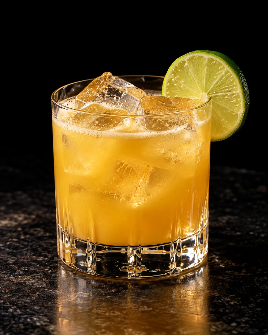 Tropic Thunder. Rocks glass, cubed ice, cloudy golden-yellow body and lime wheel.
