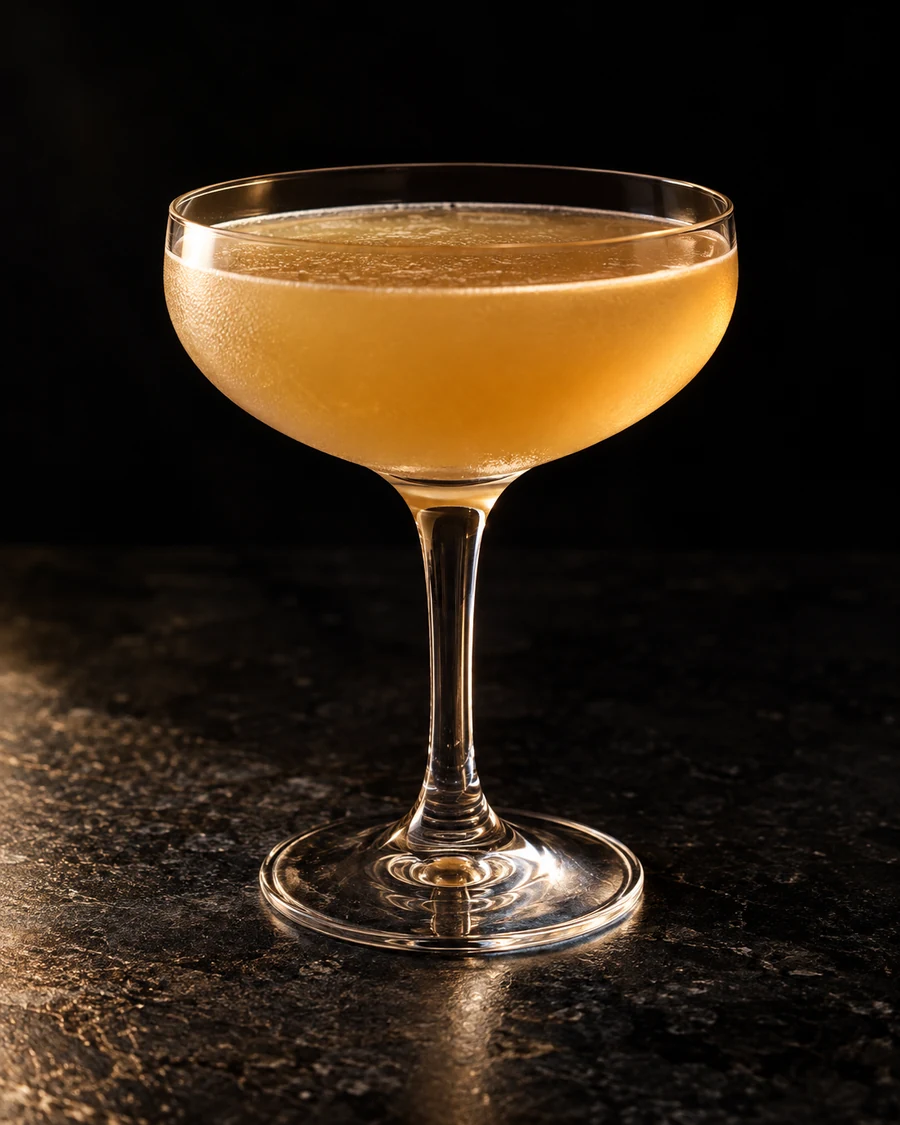 Tropical Depression: Cloudy golden drink in a coupe, no serving ice and no garnish.