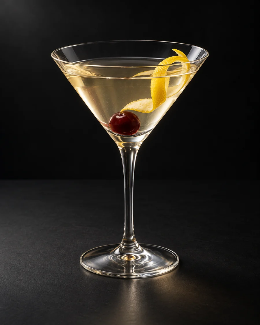 tuxedo served in a martini glass with a cocktail cherry and lemon twist