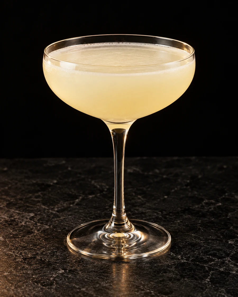 Twenty-First Century Cocktail in a coupe, served without ice, ungarnished, against a black background.